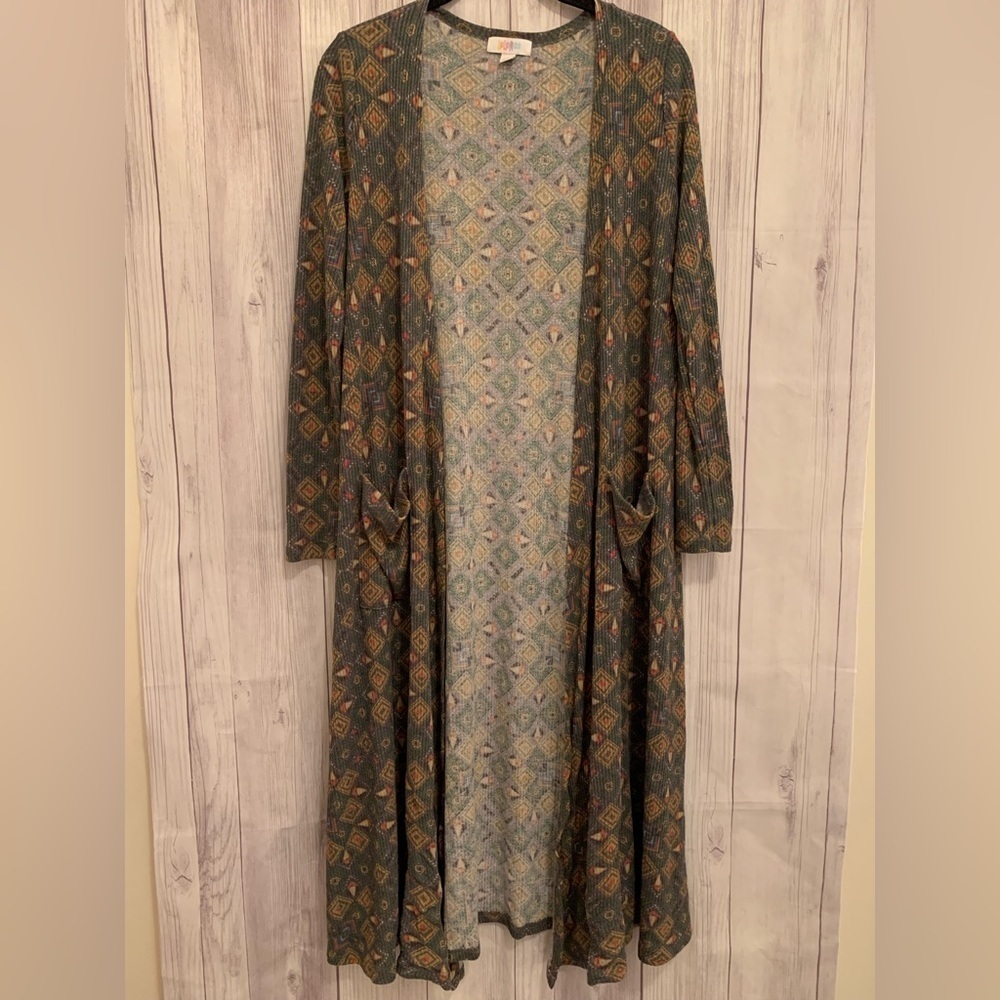 LulaRoe Grey Geometric Patterned Ribbed Duster Cardigan Sweater Size Small S